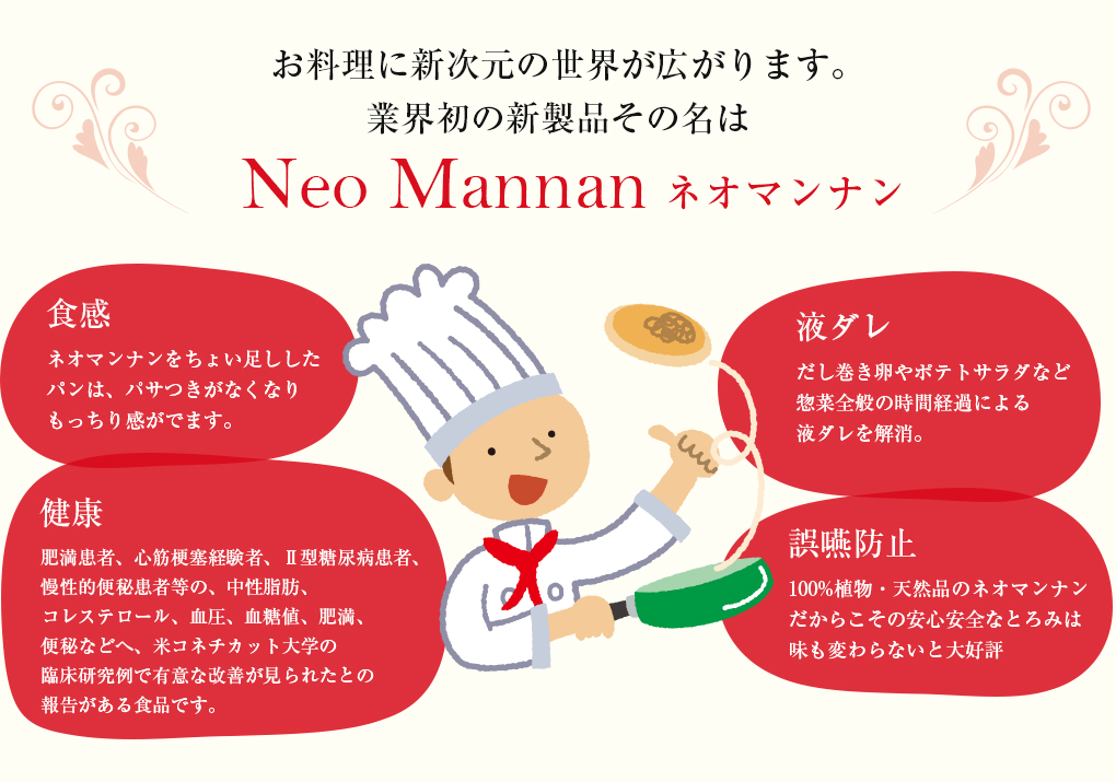 お料理に新次元の世界が広がります。業界初の新製品その名はNeo Mannan(ネオマンナン)